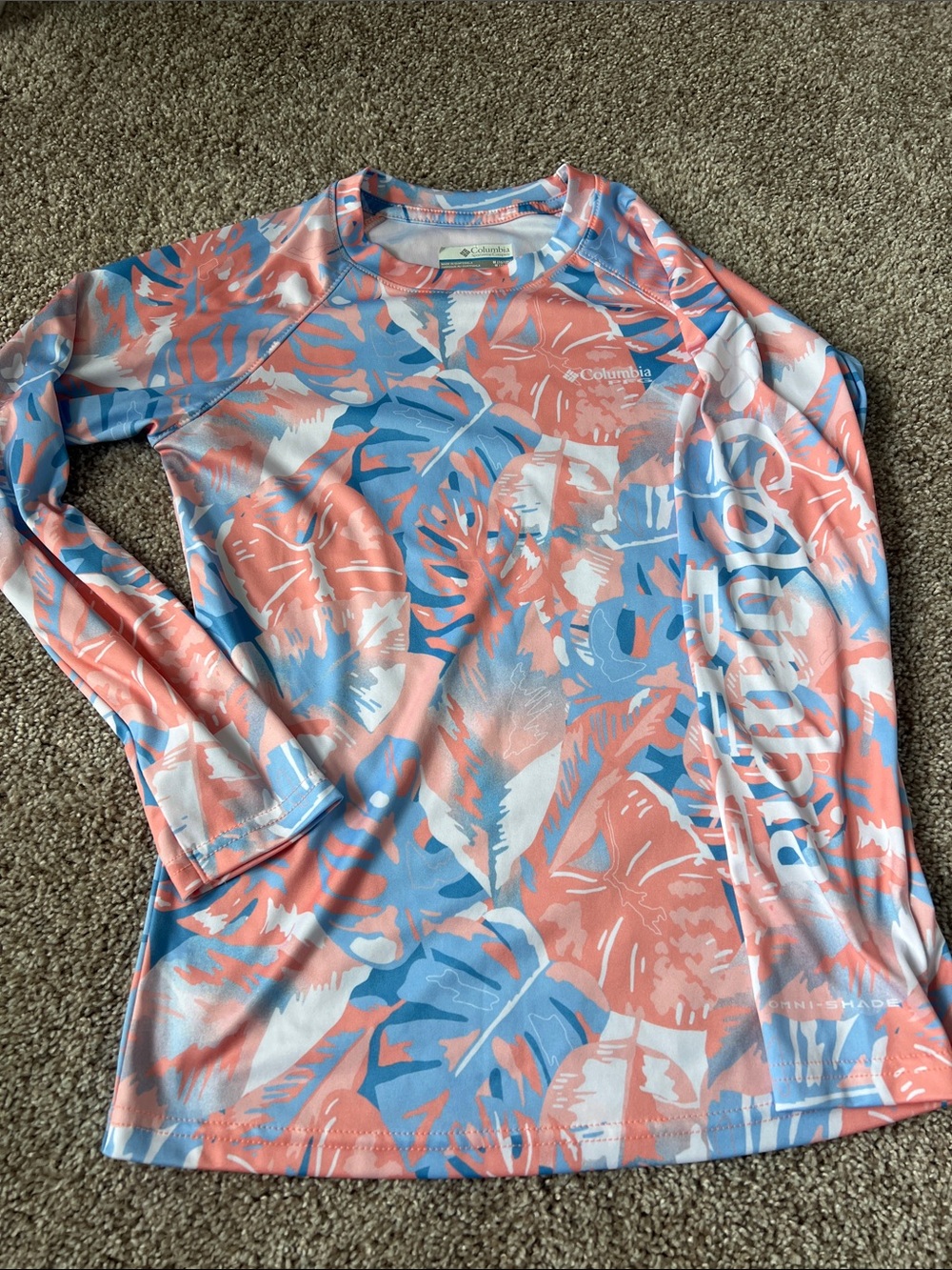 GIRLS Columbia Coral & Light Blue Tropical Long Sleeve Sun Shirt (Med)